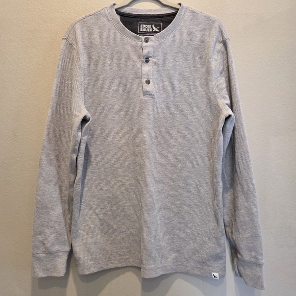 Eddie Bauer Mens Light Gray Waffle Knit Thermal Long Sleeve Henley Sz L - Picture 2 of 6